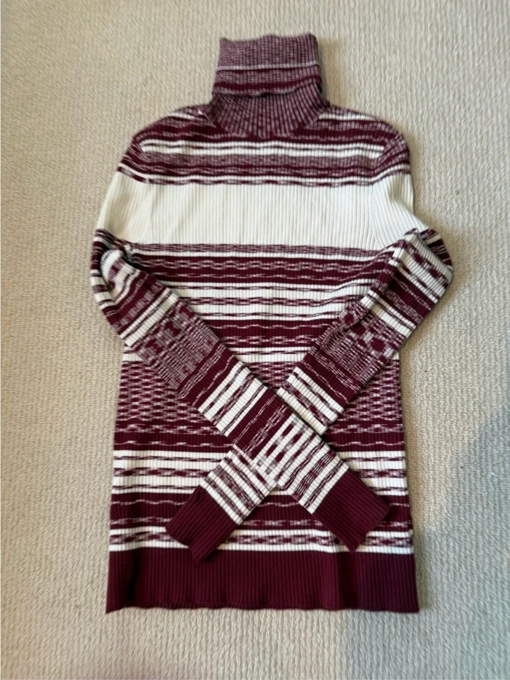 Tory Burch Striped Turtleneck Sweater in Wine and Cream